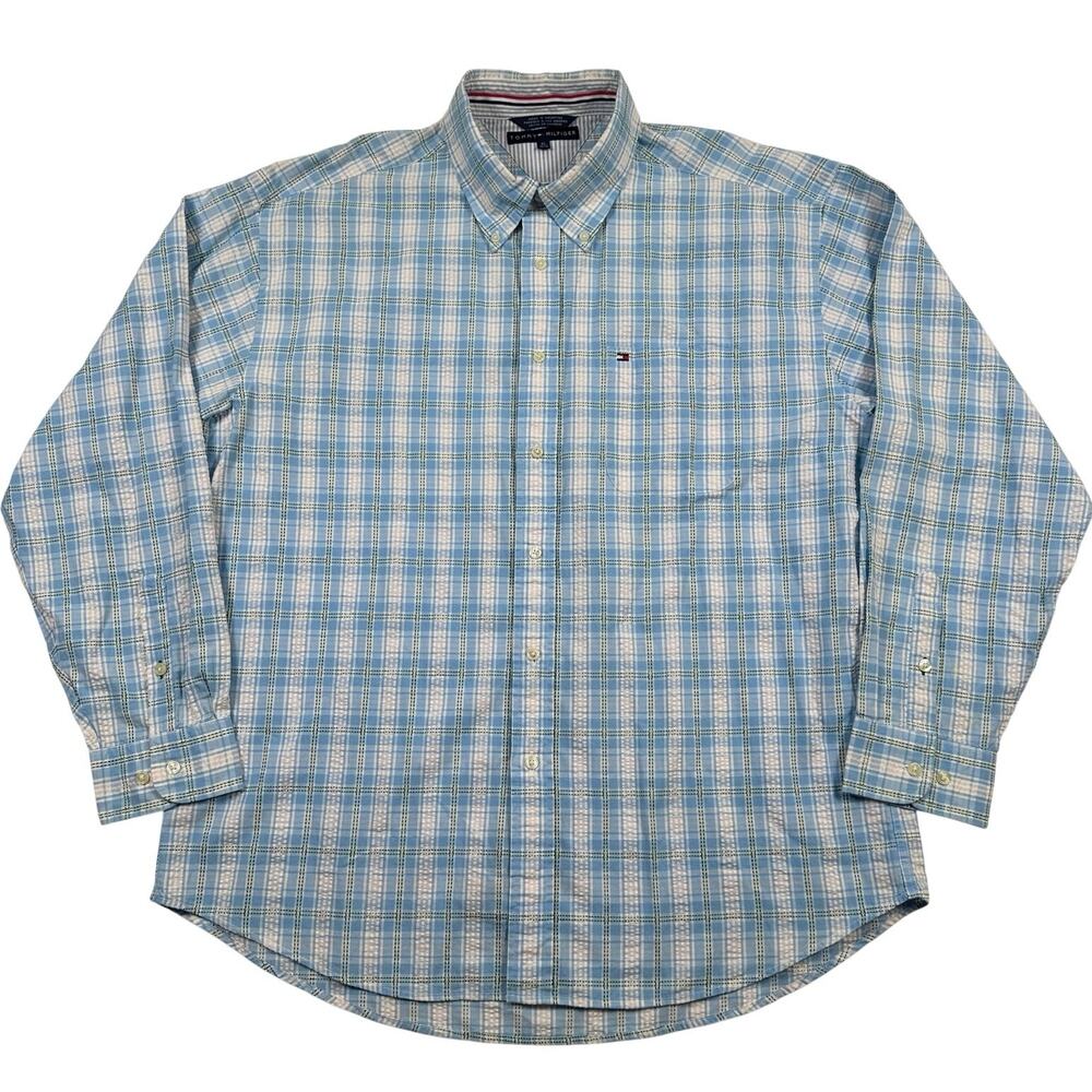 Vintage Y2K Tommy Hilfiger Mens XL Plaid Shirt Blue Cotton Button Down 2001